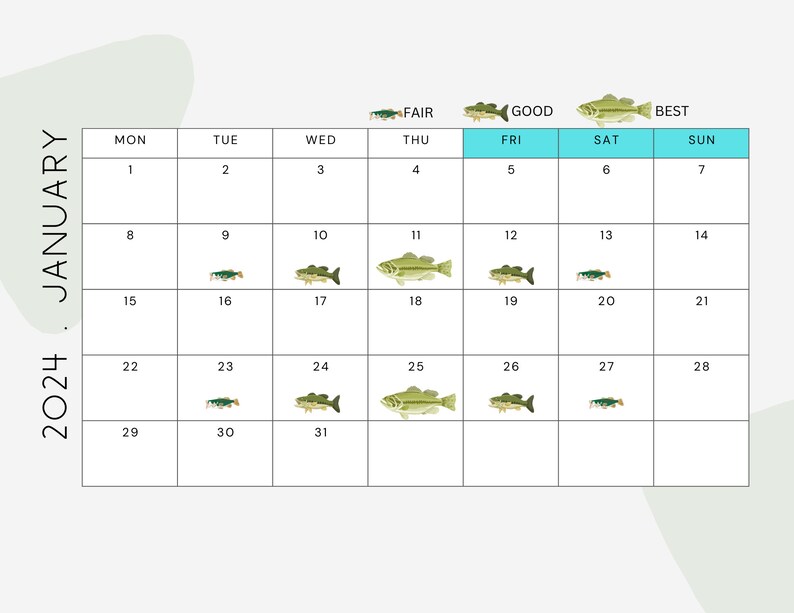 Best Fishing Days 2024 Calendar Digital PDF Download Only Etsy