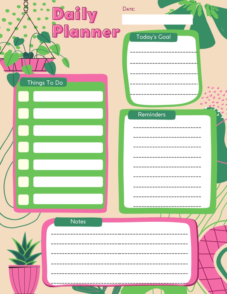 Pink and Green Daily Planner Page With To-do List, Goals, and Reminders ...