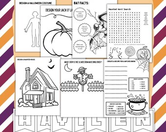 May include: A Halloween Activity Bundle with various printable pages. Includes a costume design sheet, pumpkin design, bat facts, a haunted word search, a haunted house design, a scarecrow activity, and a recipe for a witch's brew. The banner at the bottom says "Happy Halloween".