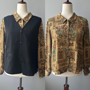 Vintage Print Button-Up Shirt – Bohemian Ethnic Long Sleeve Blouse, Size M
