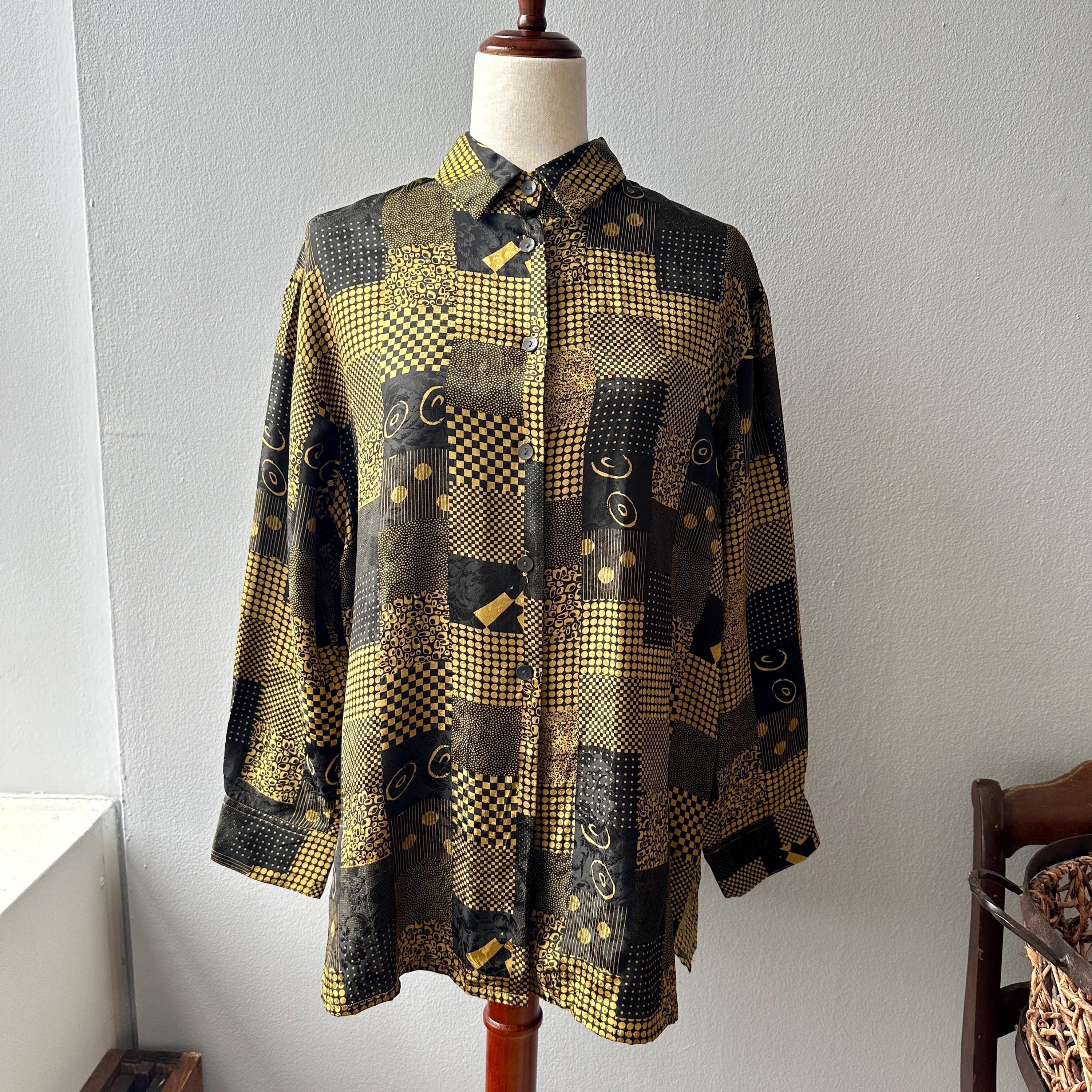 Vintage Reine Seide Patchwork Print Shirt - Abstrakter Stil der 80er / 90er Jahre, schwarz & gelbes Langarmtop