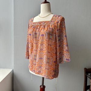 90s Vintage boho Y2k blouse Orange Paisley Print Sheer Floral Top