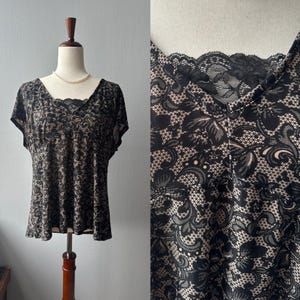 90s Vintage Black Lace V-neck Floral Top-Short Sleeve