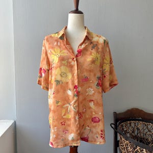 90s Vintage Orange Sheer Floral Shirt Top Size M