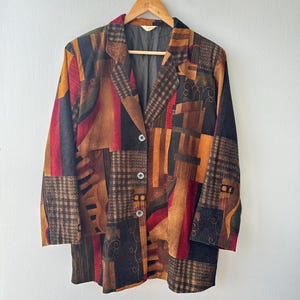 90s Vintage Abstract Patchwork Brown Red Geometric Pattern Jacket Blazer