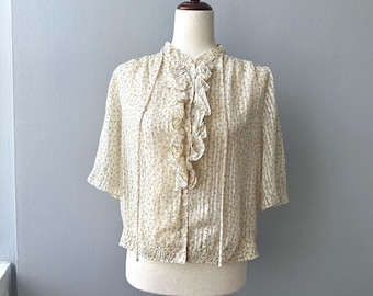 Blusa vintage de renda com botões e babados florais dos anos 90