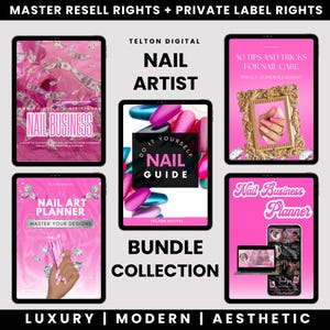 Może przedstawiać: Cyfrowy pakiet zasobów do zdobienia paznokci, wyświetlany na tabletach. Kolekcja zawiera przewodniki dotyczące biznesu paznokci, planowania zdobień paznokci i wskazówek dotyczących pielęgnacji paznokci. Tablety są w kolorze różowym i czarnym z napisem "Nail Artist" i "Bundle Collection".