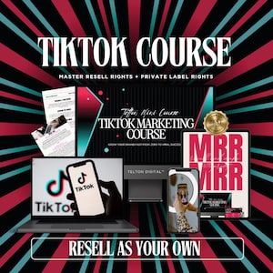 Puede incluir: Imagen promocional de un curso de marketing de TikTok. La imagen presenta una computadora portátil, una tableta y dos teléfonos inteligentes que muestran el logotipo de TikTok y la información del curso. El texto incluye "TikTok Course", "Master Resell Rights" y "Resell as Your Own."