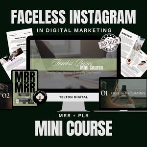 Puede incluir: Un curso de marketing digital titulado "Faceless Basics Mini Course" con el lema "Simplifica tu estrategia y amplifica tu impacto". El curso es ofrecido por Telton Digital e incluye contenido MRR y PLR. La imagen también muestra una computadora portátil, un teléfono inteligente y varios documentos.