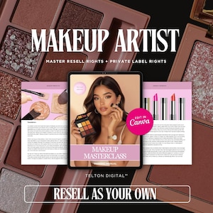 May include: Image featuring a makeup palette and a woman holding a palette. Text includes "MAKEUP ARTIST", "MASTER RESELL RIGHTS + PRIVATE LABEL RIGHTS", "MAKEUP MASTERCLASS", and "RESELL AS YOUR OWN". The image has a pink and brown color scheme.