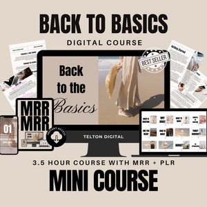 May include: A digital marketing course titled "Back to the Basics" with a beach background image. The course includes 3.5 hours of content, an MRR (Most Requested Resource) and PLR (Private Label Rights) package. The course is labeled as a "Best Seller" and offers instant access.