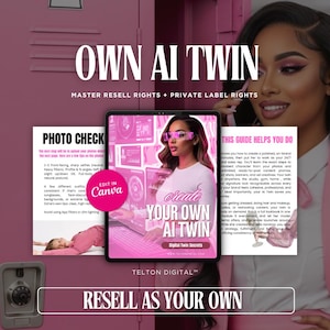 Può includere: Materiali di marketing digitale rosa con il testo "OWN AI TWIN" e "RESELL AS YOUR OWN." L'immagine include un tablet con le parole "create YOUR OWN AI TWIN" e una donna con occhiali rosa.