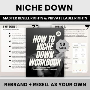 Może przedstawiać: Czarno-biały zeszyt ćwiczeń zatytułowany "How to Niche Down Workbook: The Ultimate Guide to Becoming a Problem Solver" z tekstem "Building Your Empire" i "58 Pages" na okładce.