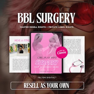 May include: A pink and white graphic promoting BBL surgery, featuring a tablet with a guide titled "Girl, Plan That Surgery." The image includes text: "Master Resell Rights + Private Label Rights" and "Resell As Your Own."
