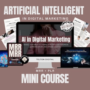 Op de afbeelding: Een digitale marketing minicursus met de titel "AI in Digital Marketing" met een rood "Best Seller"-badge. De cursus is ontworpen om gebruikers te helpen AI-technologieën te benutten om marketinginspanningen te verbeteren en strategieën te optimaliseren. De cursus wordt aangeboden als een MRR- en PLR-product.