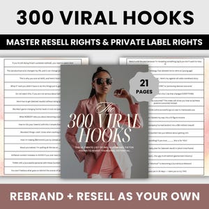 Può includere: Una copertina di prodotto digitale rosa e bianca con il titolo "300 Viral Hooks: L'elenco definitivo di ganci di Instagram e TikTok per aumentare il tuo potenziale virale". La copertina presenta una donna con un blazer rosa e occhiali da sole. Il testo "Master Resell Rights & Private Label Rights" è incluso anche.