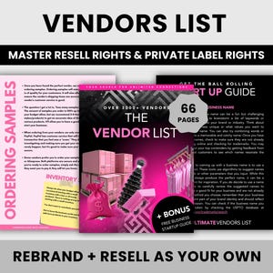 May include: A pink and black digital product cover with the text "VENDORS LIST" in white. The cover also includes the text "MASTER RESELL RIGHTS & PRIVATE LABEL RIGHTS" and "OVER 3000+ VENDORS THE VENDOR LIST" in white. The cover also includes a bonus guide with the text "GET THE BALL ROLLING START UP GUIDE" in white.