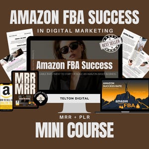 Könnte beinhalten: Ein digitaler Marketingkurs mit dem Titel "Amazon FBA Success" mit einer Frau in einer schwarzen Jacke und Sonnenbrille auf dem Cover. Der Kurs beinhaltet einen Minikurs, MRR und PLR. Der Kurs ist als "Bestseller" gekennzeichnet.