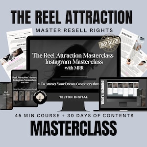Op de afbeelding: Een screenshot van een digitale marketingcursus met de titel "The Reel Attraction Masterclass: Instagram Masterclass with MRR". De cursus duurt 45 minuten en omvat 30 dagen aan content. De cursus wordt geadverteerd als een "Best Seller" en biedt directe toegang.