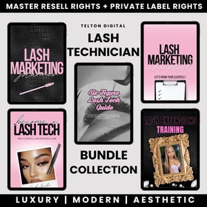 Peut inclure: Une collection de guides numériques pour techniciennes en cils. L'image présente cinq tablettes avec des titres tels que "Lash Marketing Planner" et "Lash Extensions Training". Le texte comprend "Master Resell Rights" et "Private Label Rights".