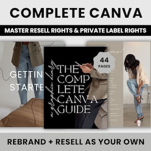 Op de afbeelding: Een zwart-wit grafisch ontwerp met de tekst "The Complete Canva Guide: A Graphic Diary" en "Getting Started" op een zwarte achtergrond. De tekst is in een wit sans-serif lettertype. De afbeelding bevat ook een foto van een persoon die een bruin jack en een blauwe spijkerbroek draagt.