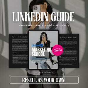 Puede incluir: Una guía de marketing digital titulada "LinkedIn Guide" con el texto "Master Resell Rights + Private Label Rights". La imagen presenta una tableta que muestra "LinkedIn Marketing School" y el logotipo de Canva. También es visible la frase "Resell as Your Own".
