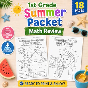 May include: A 1st Grade Summer Packet Math Review with 18 pages of printable PDF worksheets. Includes addition, subtraction, and counting activities featuring a child with a kite and a child eating ice cream, decorated with summer icons.