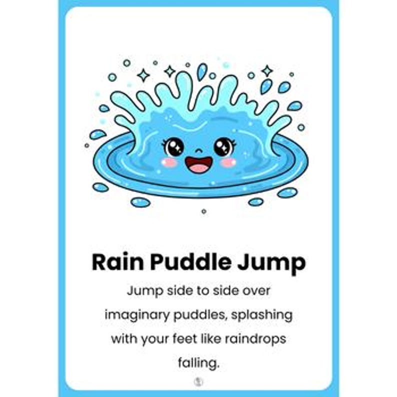 Pu&ograve; includere: Illustrazione blu e bianca di una pozzanghera dei cartoni animati con una faccia sorridente e acqua che schizza verso l'alto. Il testo "Rain Puddle Jump" &egrave; sotto l'immagine, con le istruzioni per saltare sopra le pozzanghere immaginarie.
