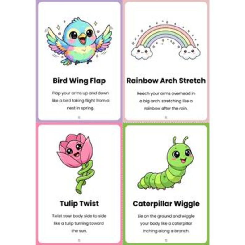 Pu&ograve; includere: Quattro carte illustrate con istruzioni per esercizi. La carta in alto a sinistra mostra un uccello colorato e dice "Bird Wing Flap". La carta in alto a destra mostra un arcobaleno e dice "Rainbow Arch Stretch". La carta in basso a sinistra mostra un tulipano e dice "Tulip Twist". La carta in basso a destra mostra un bruco e dice "Caterpillar Wiggle."