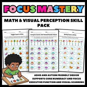 Pode incluir: Pacote educativo com "FOCUS MASTERY" e "MATH & VISUAL PERCEPTION SKILL PACK". Inclui planilhas para contar vegetais, combinar imagens temáticas infantis e contar criaturas da primavera. Projetado para suporte a TDAH e autismo.