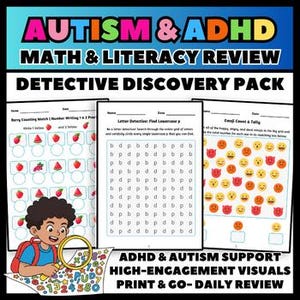 ADHD Autism Math & Literacy Worksheets | Visual Scanning Activities | Homeschool Morning Work | Special Education PDF