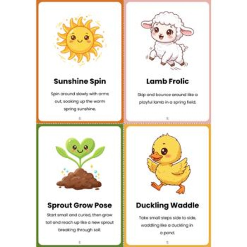 Pu&ograve; includere: Quattro carte illustrate con bordi bianchi. Le carte presentano un sole sorridente, un agnello, un germoglio e un'anatra. Ogni carta ha un titolo e una breve descrizione. Il testo include "Sunshine Spin", "Lamb Frolic", "Sprout Grow Pose" e "Duckling Waddle".