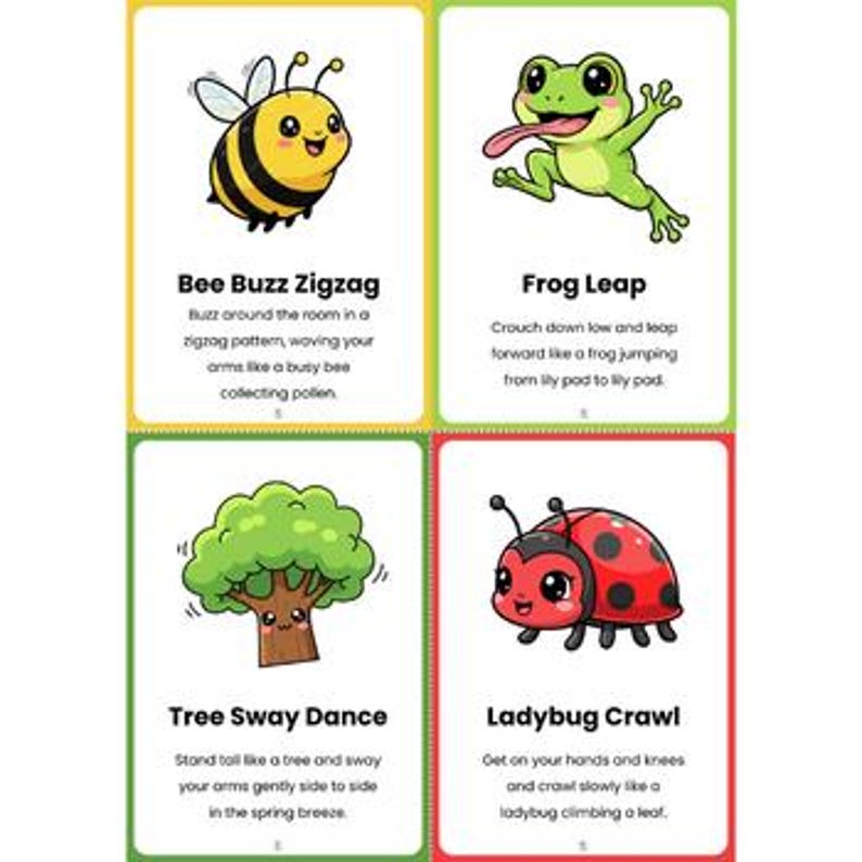 Pu&ograve; includere: Quattro carte colorate con illustrazioni di cartoni animati e testo. Le carte presentano un'ape, una rana, un albero e una coccinella. Ogni carta ha un titolo e una breve descrizione di un'attivit&agrave;.
