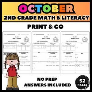 Op de afbeelding: Een afdrukbare educatieve bron voor wiskunde en geletterdheid in de 2e klas. De afbeelding toont drie werkbladen met pompoengraphics en de tekst "OKTOBER", "PRINT & GO", "NO PREP" en "ANSWERS INCLUDED". Een cartoonmeisje staat links.