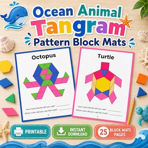 Ocean Animal Tangram Pattern Block Mats Preschool Kindergarten Fine Motor Math Activity