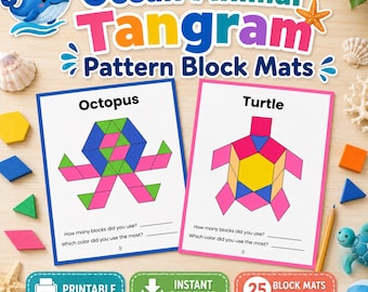 Tappetini con motivi Tangram di animali marini, attività di matematica e motricità fine per la scuola materna e l'asilo.
