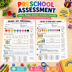 Puede incluir: Dos listas de evaluación preescolar blancas tituladas Ready, Set, Preschool y Ready to Show What I Know, que incluyen secciones para colores, formas, números, letras, días de la semana y meses del año con varios iconos y casillas.