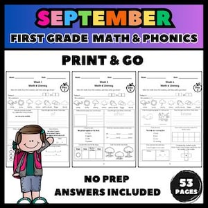 Puede incluir: Un conjunto de tres hojas de trabajo en blanco y negro para matemáticas y fonética de primer grado, con el título "Septiembre". Las hojas de trabajo incluyen el texto "Print & Go" y "No Prep Answers Included". Una niña de dibujos animados con una mochila está a la izquierda.