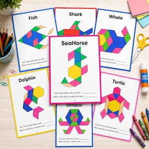 Puede incluir: Tarjetas de actividades educativas con rompecabezas de animales geométricos. Las tarjetas incluyen un pez, tiburón, ballena, caballito de mar, pulpo, delfín y tortuga. Cada tarjeta tiene un diseño de animal colorido hecho de formas geométricas.