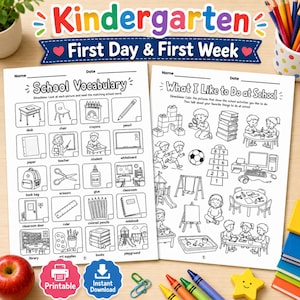 Könnte beinhalten: Zwei schwarz-weiße Arbeitsblätter mit dem Titel Kindergarten First Day & First Week. Das linke Blatt enthält School Vocabulary mit beschrifteten Illustrationen, während das rechte Blatt What I Like to Do at School mit verschiedenen Aktivitäten zeigt.