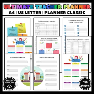 Op de afbeelding: Een digitale lerarenplanner met de titel "ULTIMATE TEACHER PLANNER" en de tekst "A4 | US LETTER | PLANNER CLASSIC". De planner bevat pagina's voor klasgegevens, verjaardagen van leerlingen en schoolinformatie. Het heeft 165 pagina's en is een directe download.