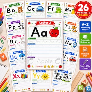 May include: A collection of 26 handwriting practice worksheets for preschool and kindergarten. Each worksheet features a letter of the alphabet with tracing exercises and illustrations. Includes a red circle with the text "26 WORKSHEETS INCLUDED!"