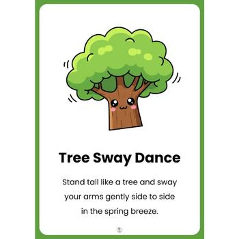 Pu&ograve; includere: Illustrazione colorata di un albero dei cartoni animati con un volto sorridente e foglie verdi. Il testo "Tree Sway Dance" &egrave; sotto l'immagine, insieme alle istruzioni per stare in piedi e oscillare le braccia.
