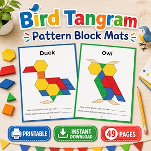 May include: A colorful Bird Tangram Pattern Block Mats printable featuring a duck and an owl. The duck is made of yellow, red, orange, and green blocks. The owl is made of yellow, green, and red blocks. Includes the text "PRINTABLE", "INSTANT DOWNLOAD", and "49 PAGES".