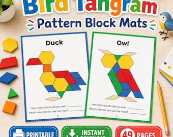 Tappetini con motivo Tangram a forma di uccello per la scuola materna e l'asilo, attività di matematica per lo sviluppo della motricità fine.