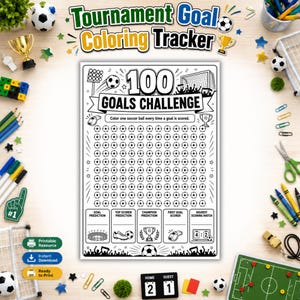 Puede incluir: Una hoja de seguimiento para colorear 100 Goals Challenge en blanco y negro con una cuadrícula de 100 balones de fútbol, secciones para predicciones e ilustraciones de estadio, trofeo, silbato y marcador con el texto 100 GOALS CHALLENGE.