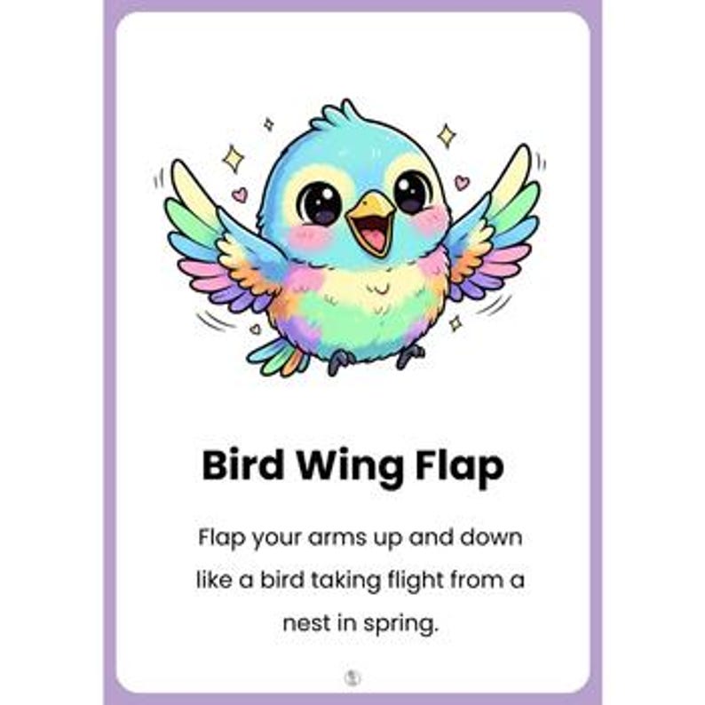 Pu&ograve; includere: Un uccello dei cartoni animati colorato con testa blu, becco giallo e ali arcobaleno &egrave; raffigurato su una carta bianca. Il testo "Bird Wing Flap" &egrave; sotto l'immagine, con istruzioni per sbattere le braccia.