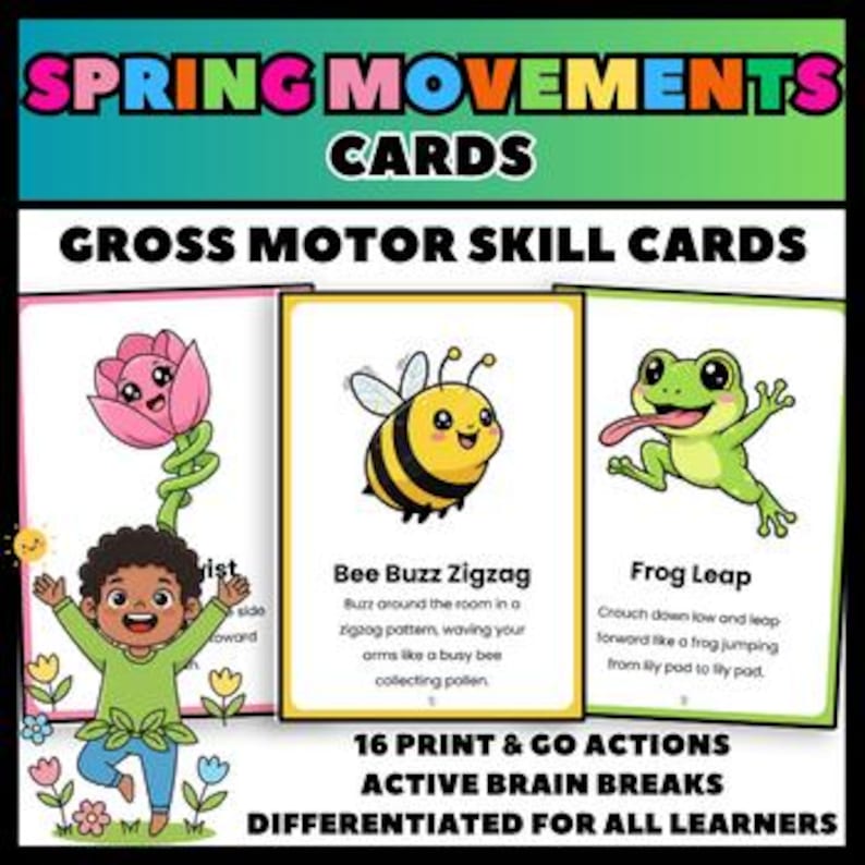 Pu&ograve; includere: Carte colorate con il testo "Spring Movements Cards" e "Gross Motor Skill Cards". Le carte presentano illustrazioni di un fiore, un'ape e una rana, con istruzioni di azione come "Bee Buzz Zigzag" e "Frog Leap".