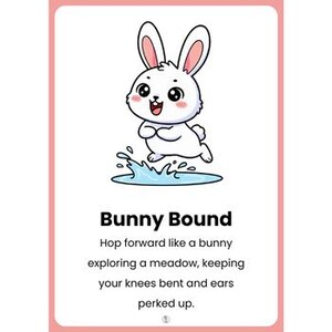 Pu&ograve; includere: Un coniglio bianco dei cartoni animati con orecchie rosa e un'espressione allegra salta su uno spruzzo d'acqua. L'immagine &egrave; su una carta con bordi rosa con il testo "Bunny Bound" e istruzioni per l'attivit&agrave;.