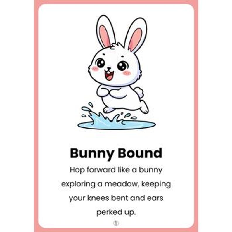 Pu&ograve; includere: Un coniglio bianco dei cartoni animati con orecchie rosa e un'espressione allegra salta su uno spruzzo d'acqua. L'immagine &egrave; su una carta con bordi rosa con il testo "Bunny Bound" e istruzioni per l'attivit&agrave;.